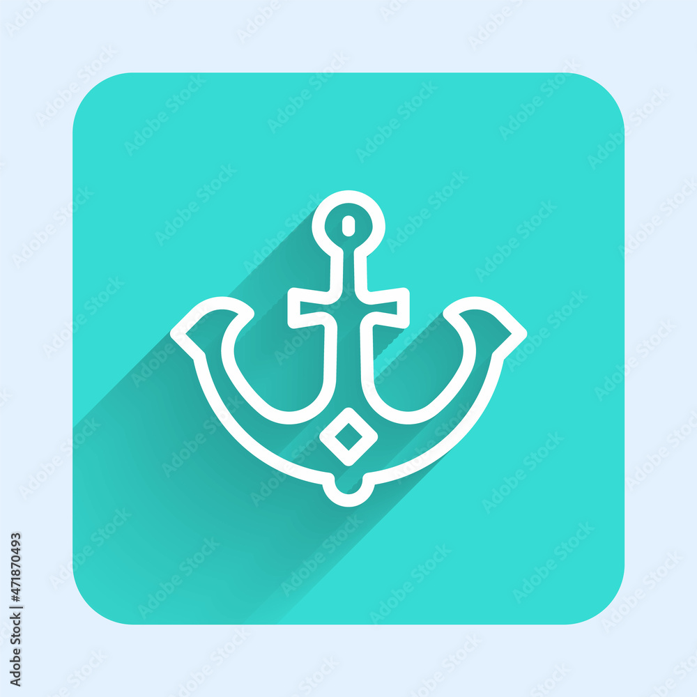 Poster white line anchor icon isolated with long shadow background. green square button. vector