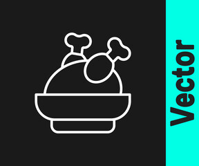 White line Roasted turkey or chicken icon isolated on black background. Vector