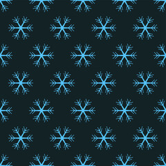 Vector graphics - a seamless winter pattern with blue snowflakes on a dark background. Concept - Christmas or New Year background and wrapping paper