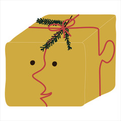 Yellow christmas gift with funny face on a white background. 