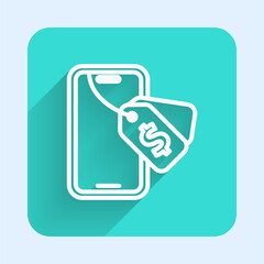 White line Online auction icon isolated with long shadow background. Bid sign. Auction bidding. Sale and buyers. Green square button. Vector