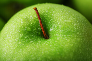 Juicy Green apple close-up with dew drops.