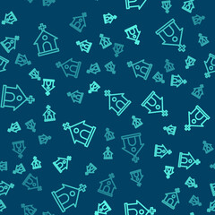 Green line Church building icon isolated seamless pattern on blue background. Christian Church. Religion of church. Vector