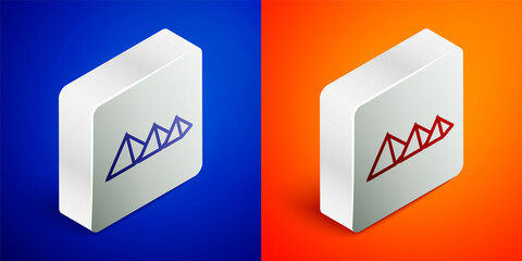 Isometric line Egypt pyramids icon isolated on blue and orange background. Symbol of ancient Egypt. Silver square button. Vector