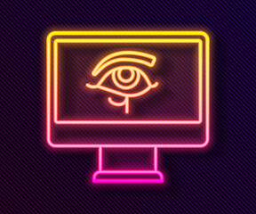 Glowing neon line Eye of Horus on monitor icon isolated on black background. Ancient Egyptian goddess Wedjet symbol of protection, royal power and good health. Vector