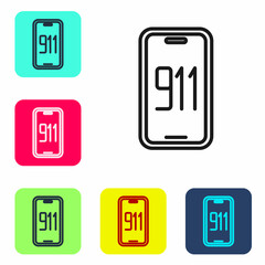 Black line Mobile phone with emergency call 911 icon isolated on white background. Police, ambulance, fire department, call, phone. Set icons in color square buttons. Vector