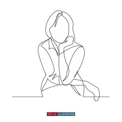 Continuous line drawing of The woman sits and supports her head with her hand. The girl is pensive. Template for your design works. Vector illustration.