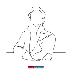 Continuous line drawing of The man stands and supports his head with his hand. The guy is thinking. Template for your design works. Vector illustration.