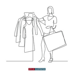 Continuous line drawing of Woman in a clothing store. The girl with a bag chooses a dress. Template for your design works. Vector illustration.