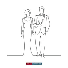 Continuous line drawing of A woman in an evening dress walks next to a man in a tuxedo. Template for your design works. Vector illustration.