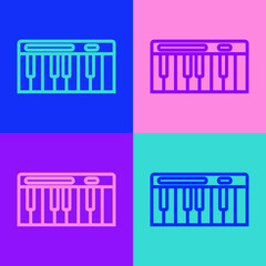 Pop art line Music synthesizer icon isolated on color background. Electronic piano. Vector