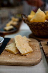 Tasting of different matured and old parmesan Parmigiano-Reggiano hard cheese in Parma, Emilia Romagna, Italy