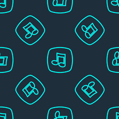Green line Music note, tone icon isolated seamless pattern on blue background. Vector