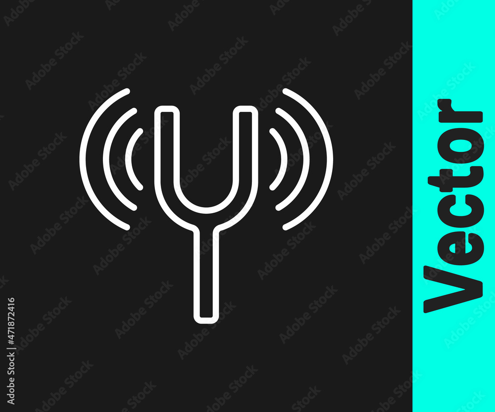 Poster white line musical tuning fork for tuning musical instruments icon isolated on black background. vec