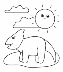 Black and white dino under the sun. Summer scene outline illustration with cute protoceratops dinosaur. Funny prehistoric reptiles coloring page for children.