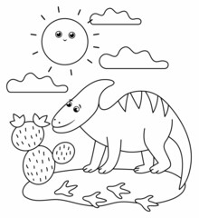 Black and white dino in a desert under the sun with cactus. Summer scene outline illustration with cute dinosaur. Funny prehistoric reptiles coloring page for children.