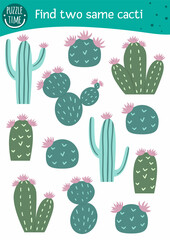 Find two same cacti. Tropical matching activity for preschool children. Funny game for kids with cactus. Logical attention printable worksheet. Quiz with cute prickly desert plants.