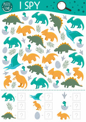 Dinosaur I spy game for kids. Searching and counting prehistoric activity for preschool children with dinos, eggs, footprints. Funny printable worksheet. Simple seek and find puzzle.