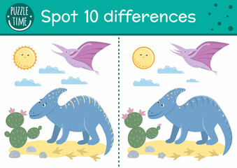 Prehistoric find differences game for children. Jurassic period educational activity with funny dinosaur. Printable worksheet with dino, cactus, sun. Cute ancient animal puzzle for kids.