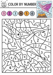 Vector prehistoric color by number activity with dinosaur. Ancient animal coloring and counting game with cute dino. Funny educational coloration page for kids. .