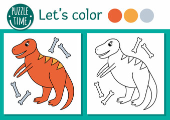 Obraz premium Prehistoric coloring page for children. Cute funny scene with tyrannosaurus rex. Vector Jurassic period outline illustration. Dino color book for kids with colored example.