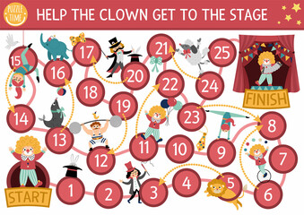 Circus dice board game for children with clown going to stage. Amusement show or holiday boardgame. Entertainment festival activity or printable worksheet with magician, athlete, gymnast, animals.