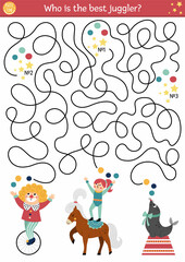Circus maze for kids with clown, gymnast, sea lion. Amusement show preschool printable activity with artists. Entertainment festival labyrinth game or puzzle. Who is the best juggler.