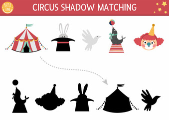 Circus shadow matching activity with clown, marquee, sea lion. Amusement show puzzle. Find correct silhouette printable worksheet or game. Entertainment festival page for kids.