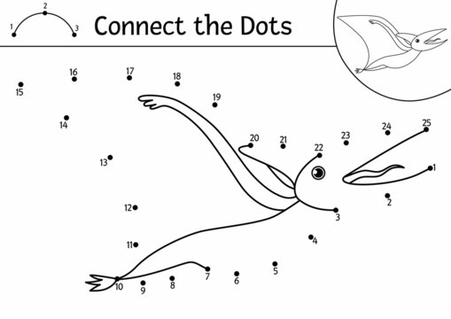 Vector dot-to-dot and color activity with cute flying pterodactyl dinosaur. Prehistoric connect the dots game for children. Funny math coloring page for kids with dino.