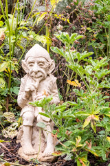 Garden gnome statuette among the foliage and plants in a plant bed in Cambridge Botanical Gardens