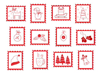 New Year and Christmas postage stamps. Various attributes of the holiday in the outline drawing. Vector illustration. For scrapbooking, cards, invitations and congratulations and various festive decor