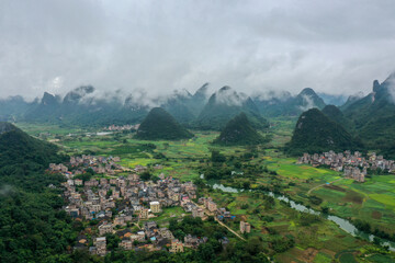 Fototapeta na wymiar Aerial view China Guilin's landscape karst topography