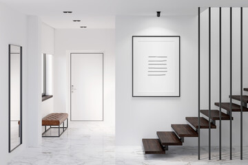 White minimalist lobby with the illuminated vertical poster above the stairs, black-framed mirror, marble floor. There is an entrance door, a leather bench near the window in the background. 3d render - obrazy, fototapety, plakaty