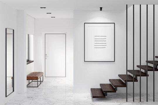 White minimalist lobby with the illuminated vertical poster above the stairs, black-framed mirror, marble floor. There is an entrance door, a leather bench near the window in the background. 3d render