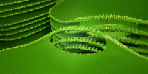 shades of bright green in flowing  style from many containers with carry handles shapes curves and lines