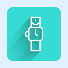 White line Wrist watch icon isolated with long shadow background. Wristwatch icon. Green square button. Vector