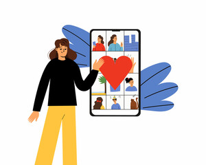A woman looks at a photo on social networks. Social networks, flipping through social media feeds. Social network with photos. Vector illustration