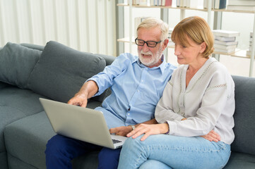 Happy Caucasian senior couple using laptop at home