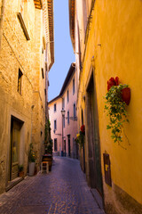 Charming, colorful, narrow, cobblestone alley in Orvieto,  a hill town in the Tuscany region of Italy
