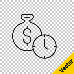 Black line Time is money icon isolated on transparent background. Money is time. Effective time management. Convert time to money. Vector