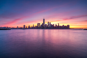 Lower Manhattan skyline at sunrise, New York City, USA