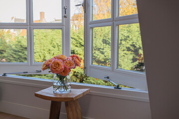 Bouquet of pink and yellow roses in a glass vase om a wooden stool against blurred green tree behind big white window on a sunny spring or summer day. Interior decor.