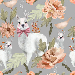pattern with alpaca and flowers in pastel colors