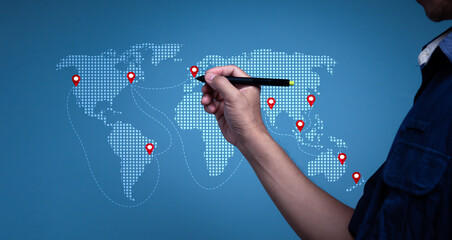 On the background is a world map with logistic network spread. Fast or instant shipment, online...