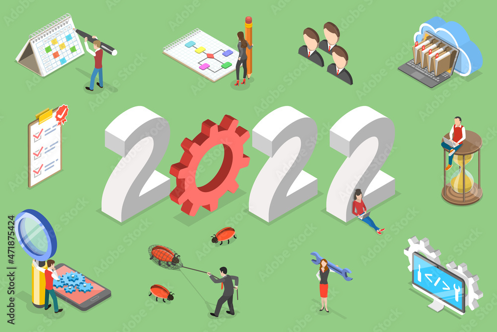 Aufkleber 3d isometric flat vector conceptual illustration of new year and software development, agile project