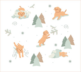 Set of cartoon labrador retriver puppies with winter ornaments. Vector collection with flat color.
