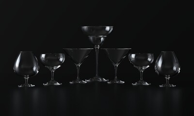 Lots of wine glasses of different shapes. Dark background. 3d rendering
