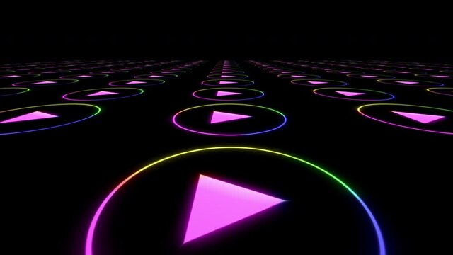 Geometric neon lighting in the room made of audio and video symbols and icons