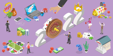 3D Isometric Flat Vector Conceptual Illustration of New Year and Online Casino Industry Trends, Digital Gambling Platform