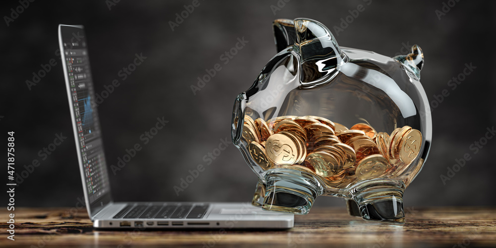 Poster piggy bank with coins and stock exchange graph on laptop screen. invesment and savings concept.